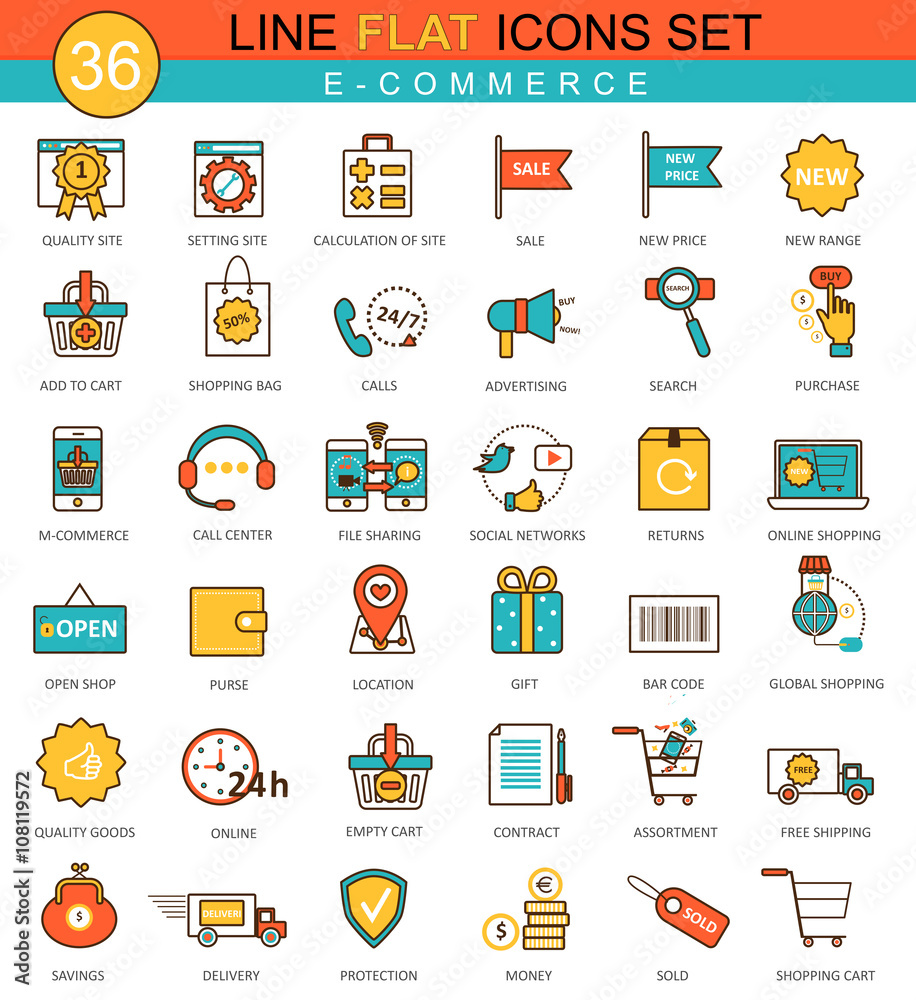 Poster Vector e-commerce flat line icon set. Modern elegant style design  for web.