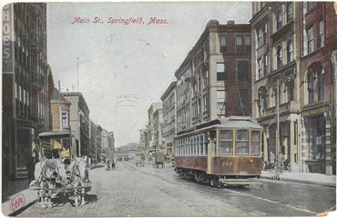 Historische Straßenszene mit Straßenbahn in Springfield, Mass. 1906 (original historische Postkarte) - obrazy, fototapety, plakaty