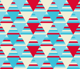Seamless pattern with blue and red triangle flags on striped background