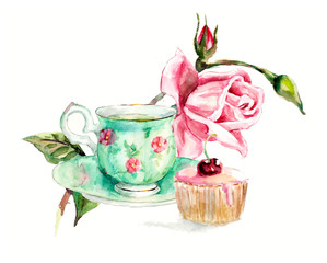 Tea Time. A cup of tea and cake. Invitation to tea drinking. Watercolor hand drawn illustration. Green cup with pink flowers. Roses brunch.