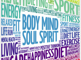 Body Mind Soul Spirit word cloud background, health concept