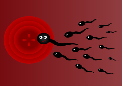 Happy sperm penetrates into abstract uterus as a target. Black a