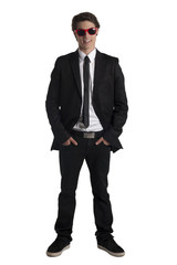 smiling cute teenage guy wearing sun glasses