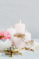Composition of spa treatment on wooden background