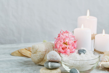 Composition of spa treatment on wooden background