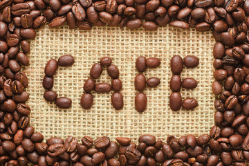 coffee beans frame with cafe text on sacking