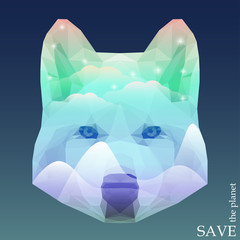 wolf head with snow-capped mountains and stars shining in sky