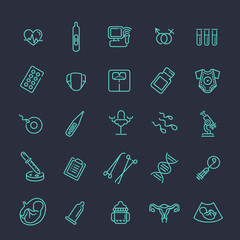 Pregnancy, gynecology, childbirth and motherhood line icons set