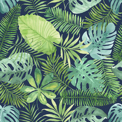 Tropical seamless pattern with leaves. Watercolor background with tropical leaves.