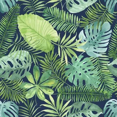 Papier peint Feuilles aquarelles Modèle sans couture tropical avec des feuilles. Fond aquarelle avec des feuilles tropicales.