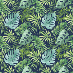 Tropical seamless pattern with leaves. Watercolor background with tropical leaves. - 108126778