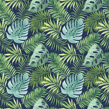 Tropical seamless pattern with leaves. Watercolor background with tropical leaves.