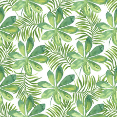 Tropical seamless pattern with leaves. Watercolor background with tropical leaves. - 108126929
