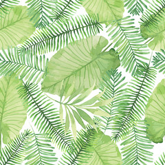 Tropical seamless pattern with leaves. Watercolor background with tropical leaves. - 108126971