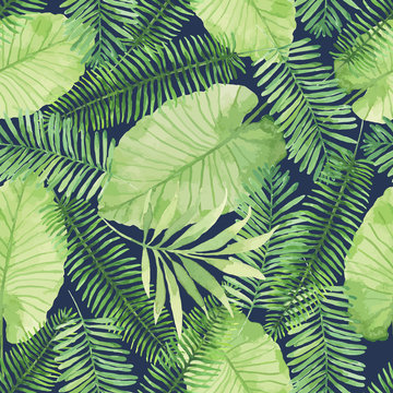 Tropical seamless pattern with leaves. Watercolor background with tropical leaves.