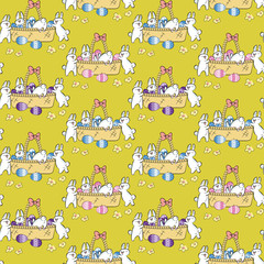 Seamless pattern with rabbits, eggs and baskets