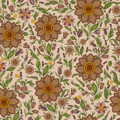 Seamless vector floral pattern with colorful fantasy plants and