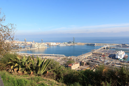 View towards Port of Barcelona from Montjuic, Spain