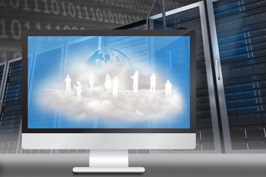 Composite image of human silhouettes on floating cloud