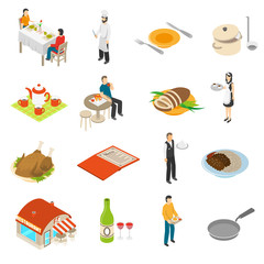  Restaurant Cafe Bar Isometric Icons Set 