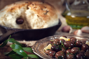 Italian Focaccia bread with olive oil and black olives