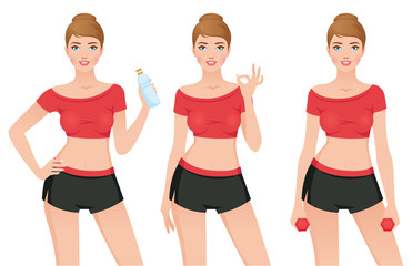 Young sporty woman in sportswear in different poses