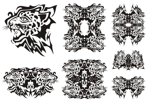 Tribal leopard symbols. Tribal furious leopards heads symbols and frames ready for a tattoo, graphics on the vehicle, also for labels, stickers and emblems, T-shirt designs 