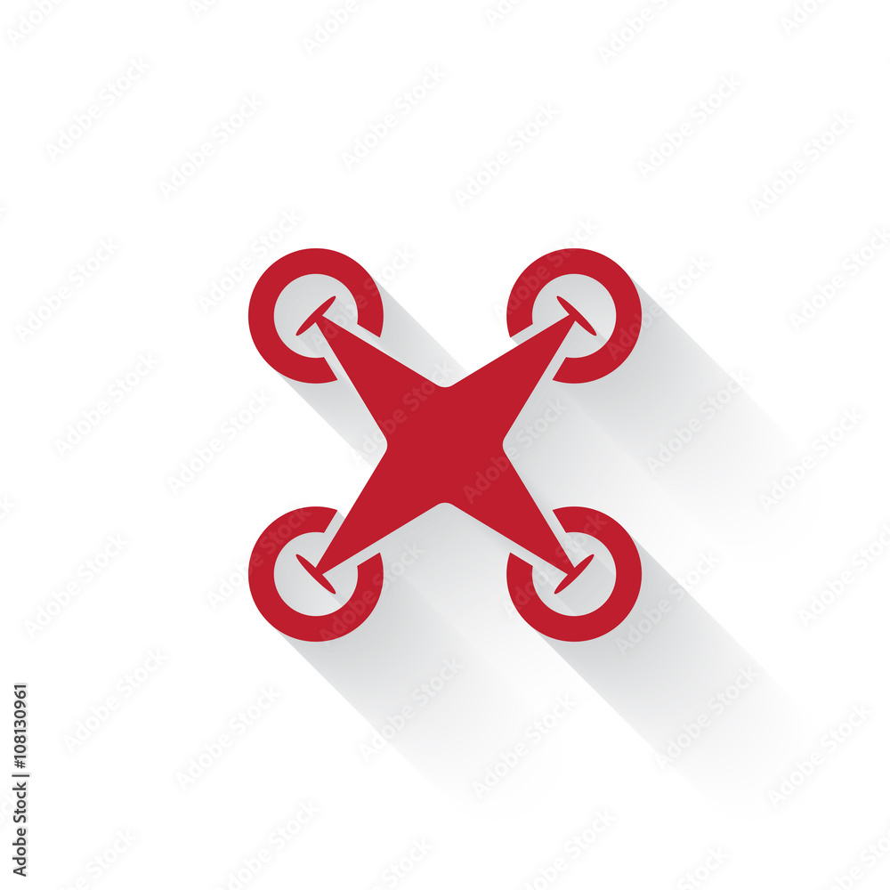 Wall mural flat red drone quadcopter web icon with long drop shadow on whit