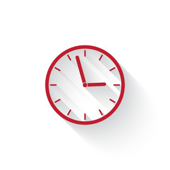 Flat red Clock web icon with long drop shadow on white