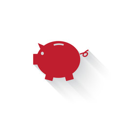 Flat red Piggy Bank web icon with long drop shadow on white