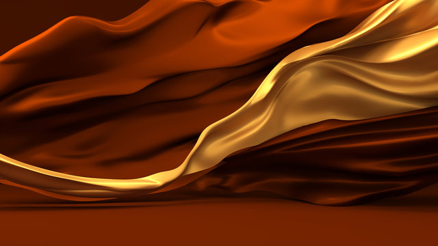 Beautiful background of chocolate and caramel colors with developing the wind yellow ribbons and coffee-colored fabric
