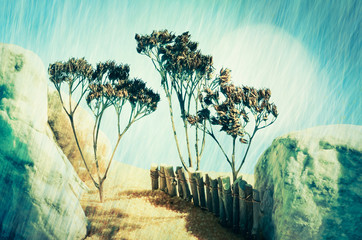Fantasie Landschaft Steine und Sand trocken und düster mit Regen Stimmung Unwetter 