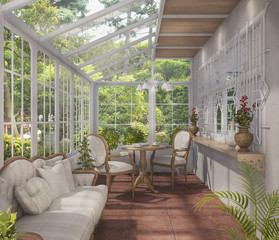 3d rendering beautiful tea room with glass house design