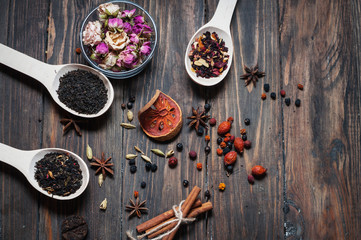 assortment of dry tea in spoons, on wooden background