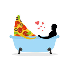 I love food. Piece of pizza and man in bath. Man and pizza is ta