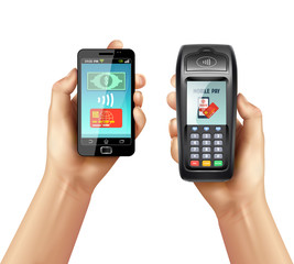 Hands With Smartphone And Payment Terminal 