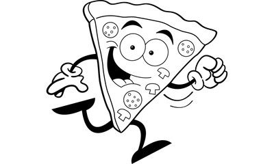 Black and white illustration of a slice of pizza running.