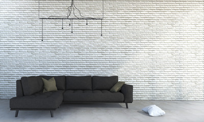 3d rendering white brick wall with minimal brown sofa