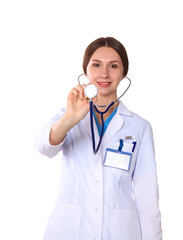 Happy smiling young beautiful female doctor showing blank area for sign or copyspace, isolated over white background