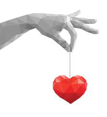 polygonal hand pinch fingers together monochrome red heart on wh