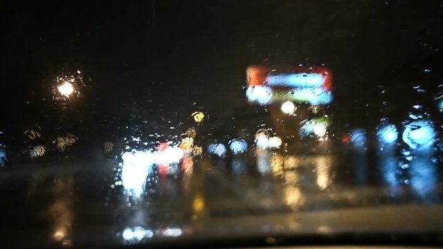 Slow Motion Dark Dash Camera Car Scene on a Rainy Night on the Road