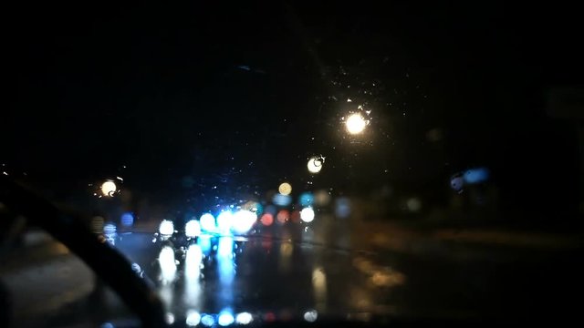 Slow Motion Dark Dash Camera Car Scene on a Rainy Night on the Road