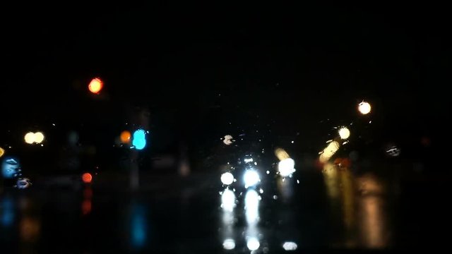 Slow Motion Dark Dash Camera Car Scene on a Rainy Night on the Road