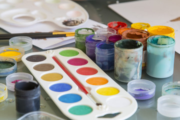 Gouache paints, brush, colors