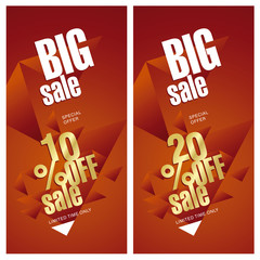 Big sale banner 10 and 20 percent off gold red background