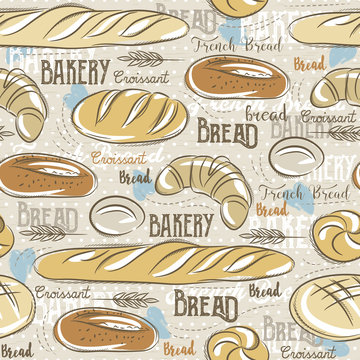 Background with different breads, croissant,  wheat  and text.
