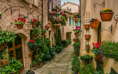 Fototapeta premium Vicolo medievale decorato con fiori nel centro storico di Spello