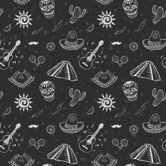 Mexican sketch set. Seamless pattern. Doodle chalk drawing background
