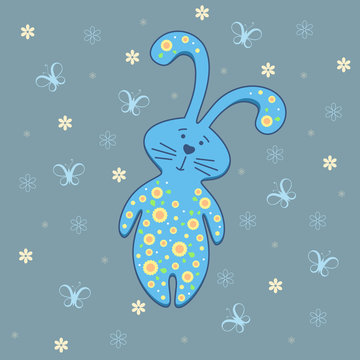 Vector illustration of blue hare on background with butterflies and flowers