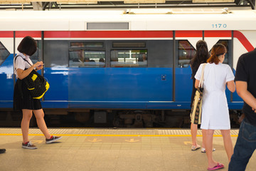 BANGKOK - FEB 21: BTS Skytrain at a station as the rail network